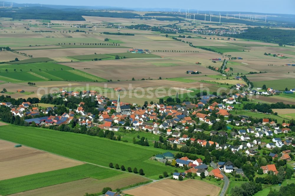 Aerial photograph Körbecke - Village - view on the edge of agricultural fields and farmland in Koerbecke in the state North Rhine-Westphalia, Germany