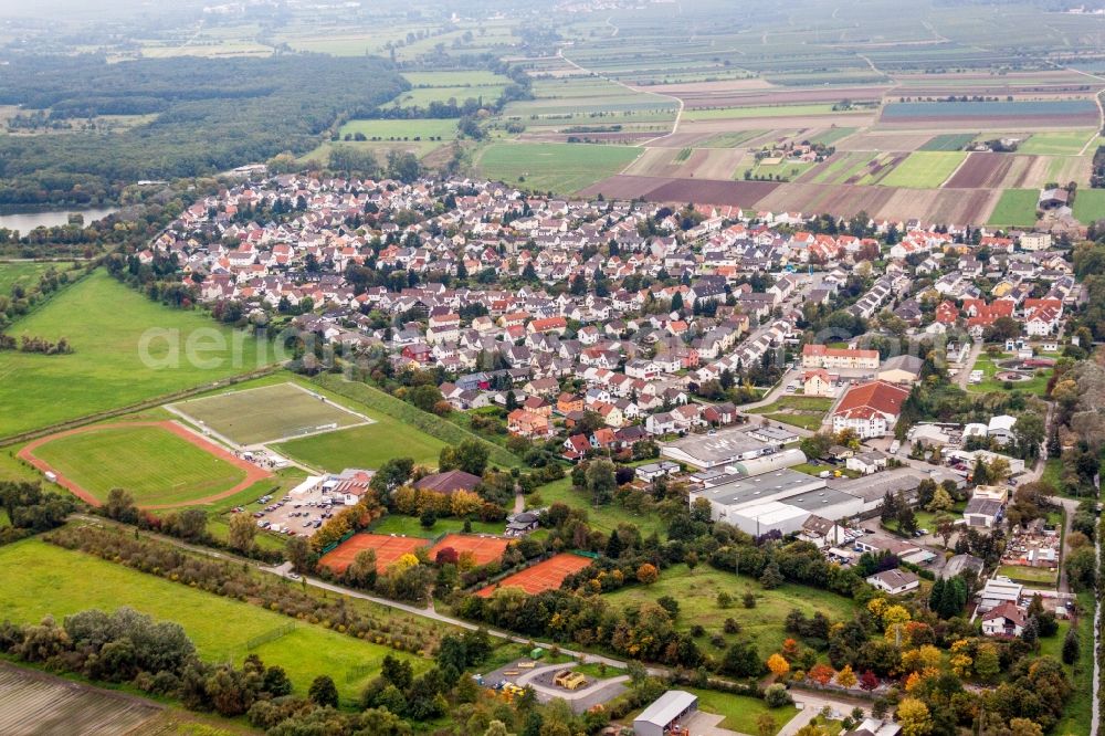 Lambsheim from the bird's eye view: Village - view on the edge of agricultural fields and farmland in Lambsheim in the state Rhineland-Palatinate, Germany