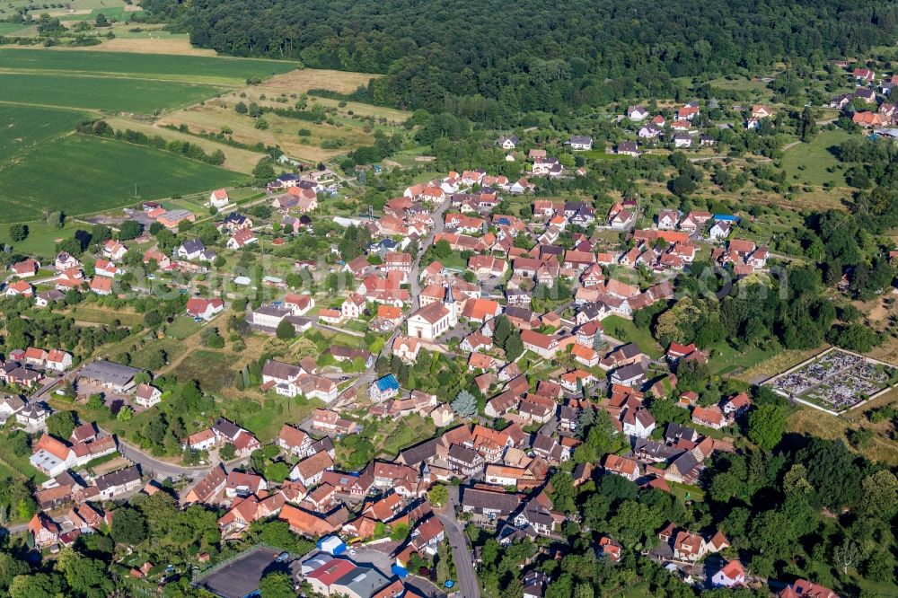 Aerial image Lampertsloch - Village - view on the edge of agricultural fields and farmland in Lampertsloch in Grand Est, France