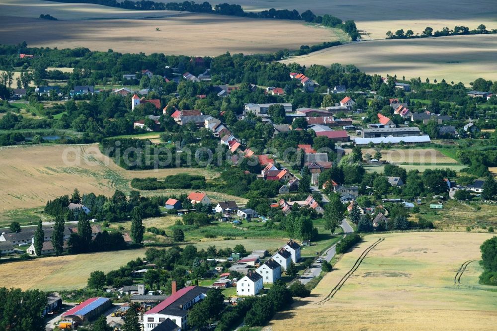 Lüdersdorf from the bird's eye view: Village - view on the edge of agricultural fields and farmland in Luedersdorf in the state Brandenburg, Germany