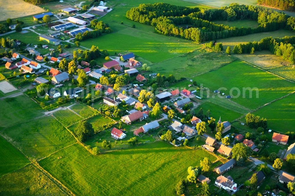 Leussow from above - Village - view on the edge of agricultural fields and farmland in Leussow in the state Mecklenburg - Western Pomerania, Germany