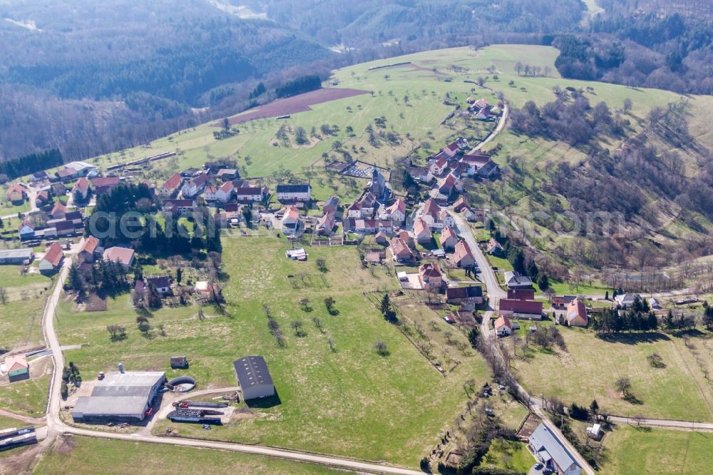 Aerial image Liederschiedt - Village - view on the edge of agricultural fields and farmland in Liederschiedt in Grand Est, France