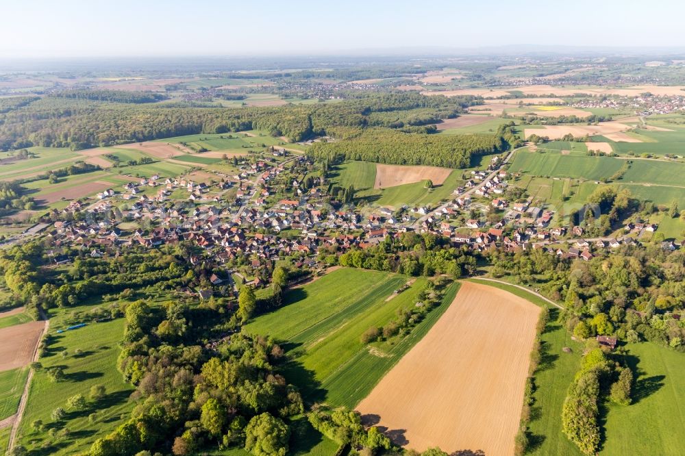 Lobsann from the bird's eye view: Village - view on the edge of agricultural fields and farmland in Lobsann in Grand Est, France