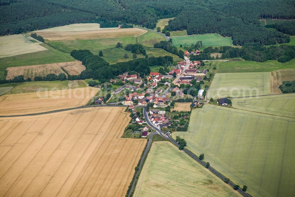 Aerial image Lüsse - Village - view on the edge of agricultural fields and farmland in Luesse in the state Brandenburg, Germany