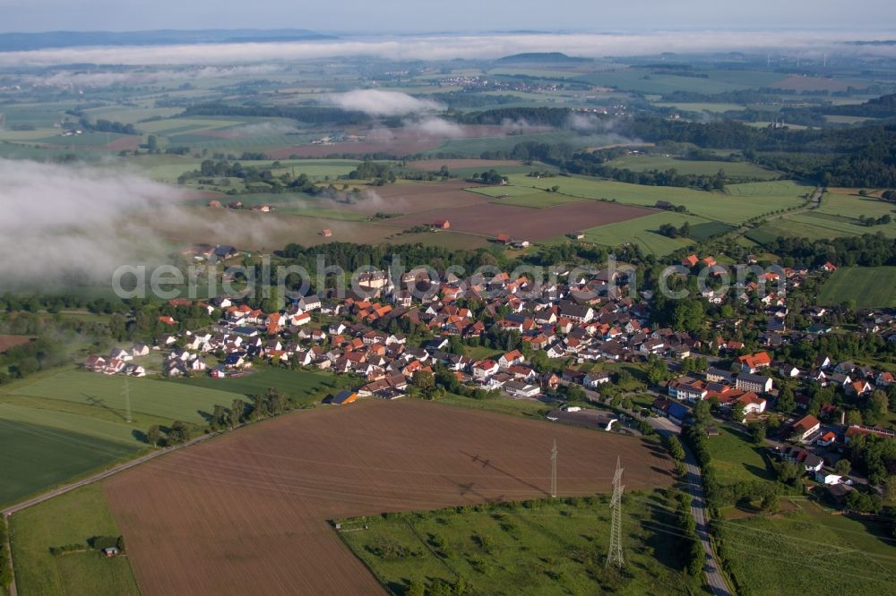 Marienmünster from above - Village - view on the edge of agricultural fields and farmland in Marienmuenster in the state North Rhine-Westphalia, Germany