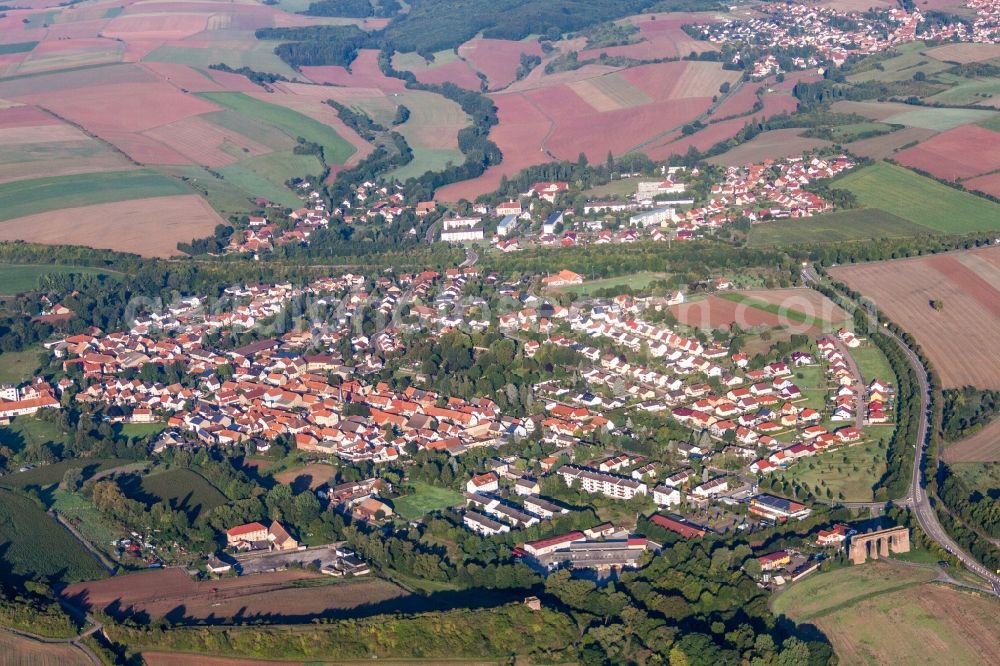 Aerial image Marnheim - Village - view on the edge of agricultural fields and farmland in Marnheim in the state Rhineland-Palatinate, Germany