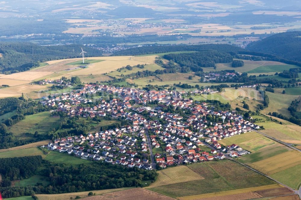 Martinshöhe from above - Village - view on the edge of agricultural fields and farmland in Martinshoehe in the state Rhineland-Palatinate, Germany