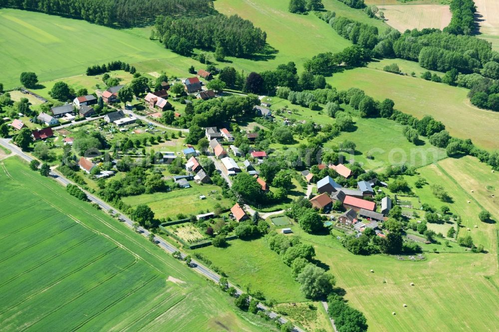 Meierstorf from above - Village - view on the edge of agricultural fields and farmland in Meierstorf in the state Mecklenburg - Western Pomerania, Germany