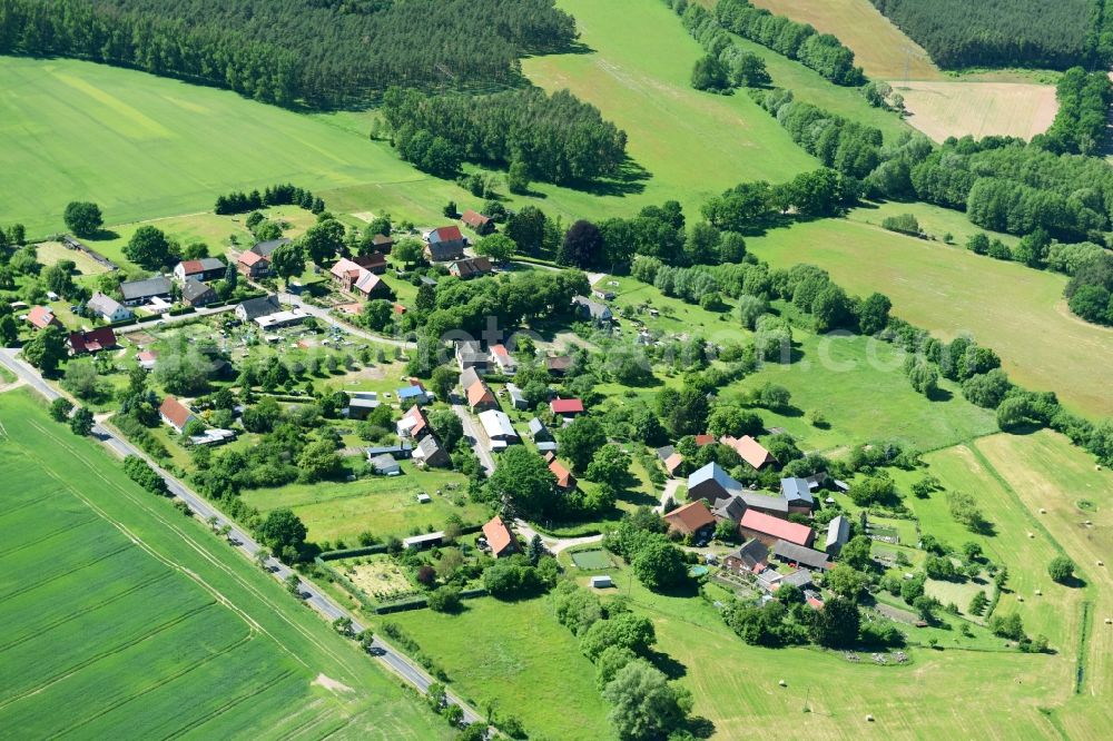 Meierstorf from the bird's eye view: Village - view on the edge of agricultural fields and farmland in Meierstorf in the state Mecklenburg - Western Pomerania, Germany