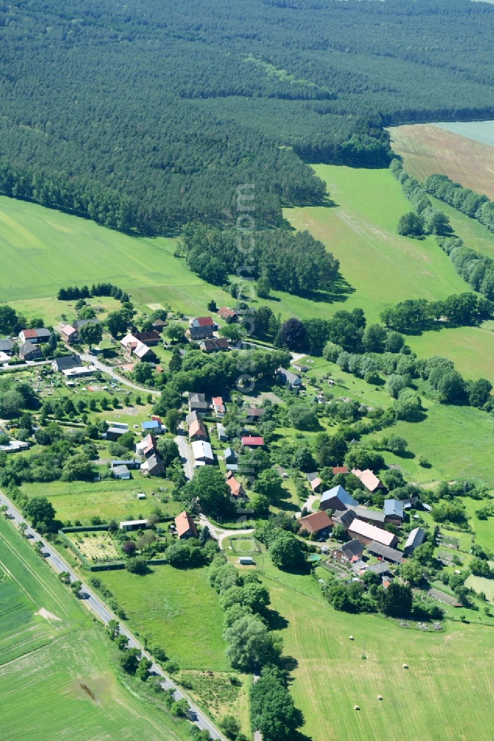 Aerial image Meierstorf - Village - view on the edge of agricultural fields and farmland in Meierstorf in the state Mecklenburg - Western Pomerania, Germany