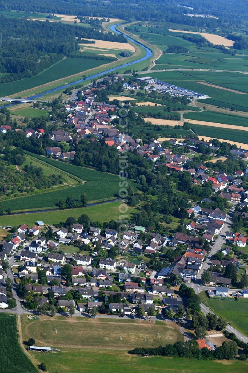 Memprechtshofen from above - Village - view on the edge of agricultural fields and farmland in Memprechtshofen in the state Baden-Wurttemberg, Germany