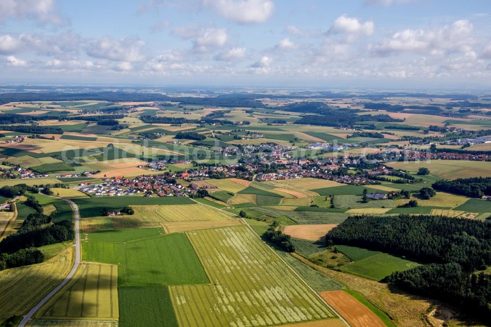 Aerial image Mengkofen - Village - view on the edge of agricultural fields and farmland in Mengkofen in the state Bavaria, Germany