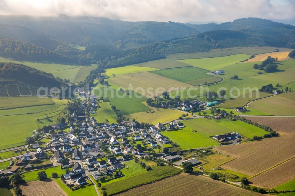 Meschede from above - Village - view on the edge of agricultural fields and farmland in Meschede in the state North Rhine-Westphalia, Germany