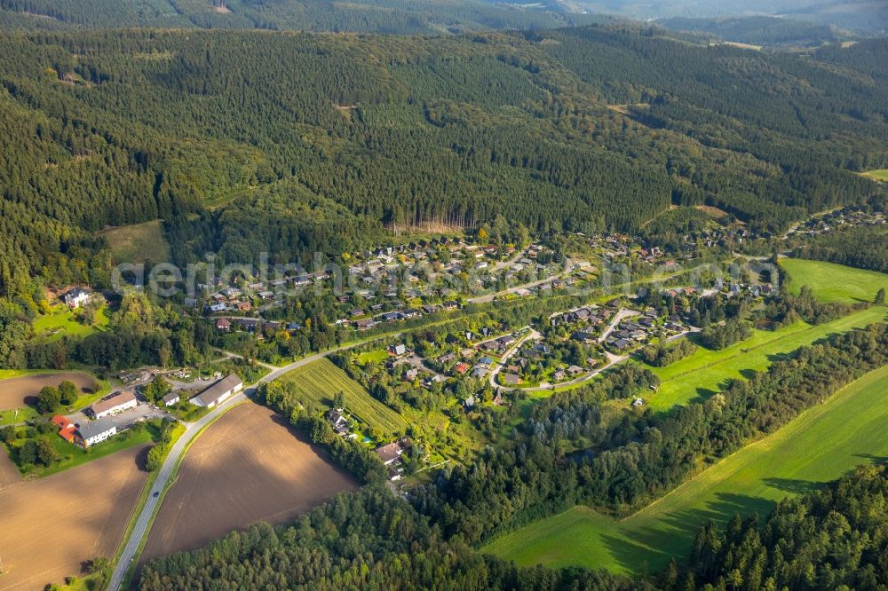 Meschede from above - Village - view on the edge of agricultural fields and farmland in Meschede in the state North Rhine-Westphalia, Germany