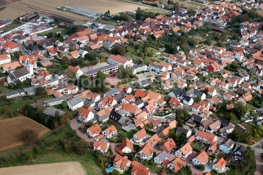 Minfeld from the bird's eye view: Village - view on the edge of agricultural fields and farmland in Minfeld in the state Rhineland-Palatinate