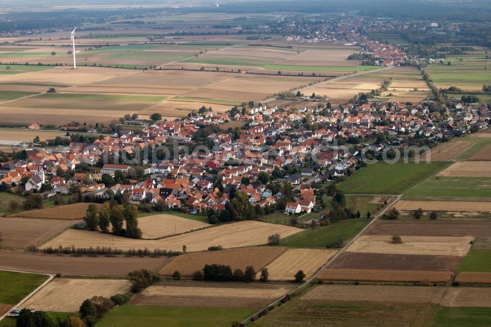 Minfeld from the bird's eye view: Village - view on the edge of agricultural fields and farmland in Minfeld in the state Rhineland-Palatinate