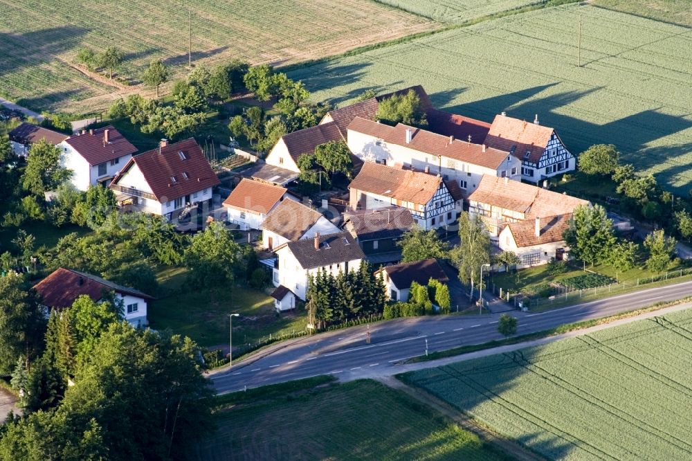 Aerial image Minfeld - Village - view on the edge of agricultural fields and farmland in Minfeld in the state Rhineland-Palatinate