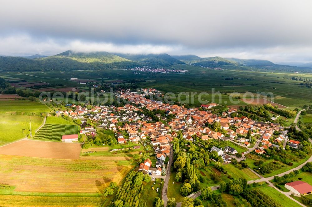 Göcklingen from the bird's eye view: Village - view on the edge of agricultural fields and farmland in morning light below low clouds in Goecklingen in the state Rhineland-Palatinate, Germany