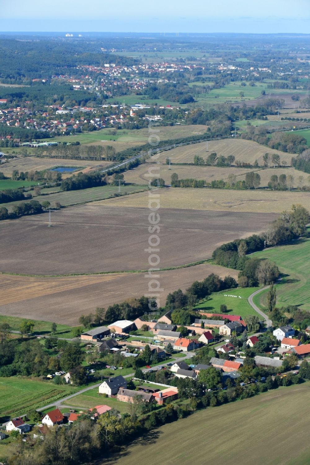 Neugaul from above - Village - view on the edge of agricultural fields and farmland in Neugaul in the state Brandenburg, Germany