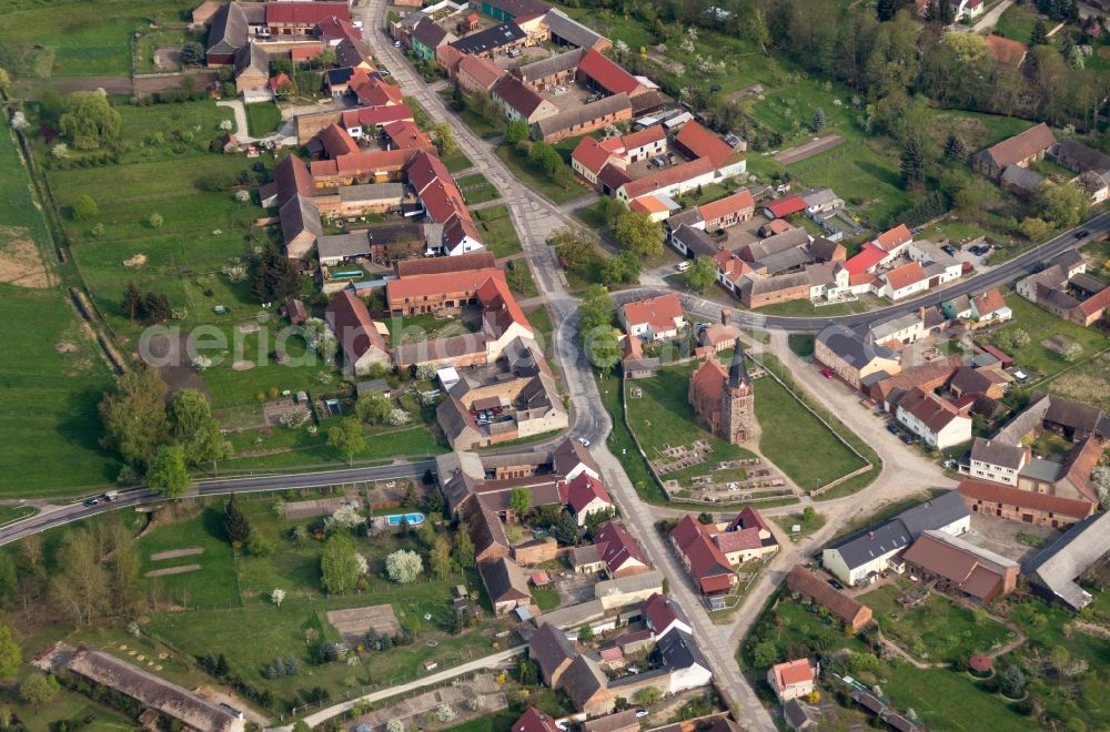 Mühlenfließ from above - Village - view on the edge of agricultural fields and farmland in Nichel in the state Brandenburg, Germany