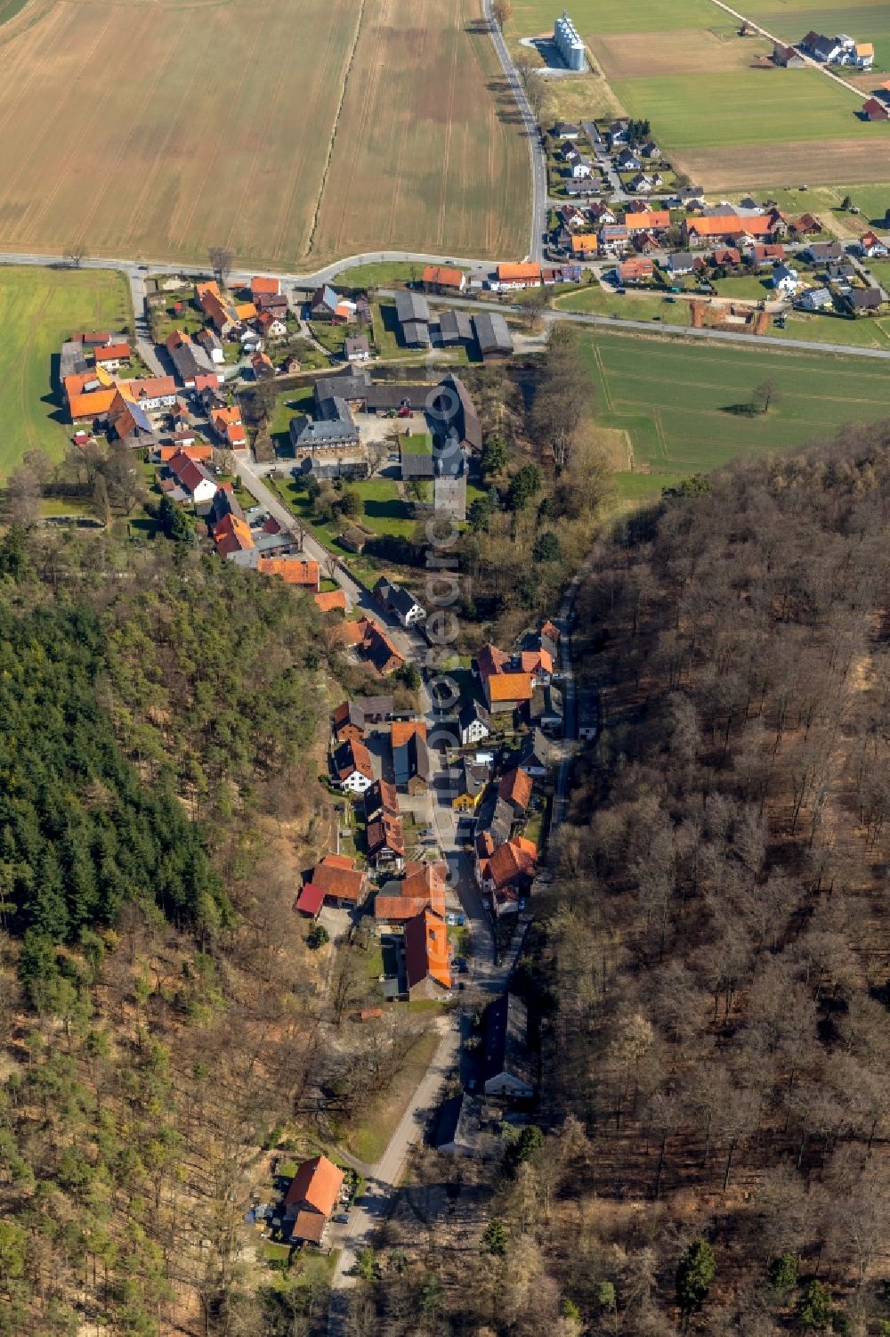 Aerial image Nordenbeck - Village - view on the edge of agricultural fields and farmland in Nordenbeck in the state Hesse, Germany