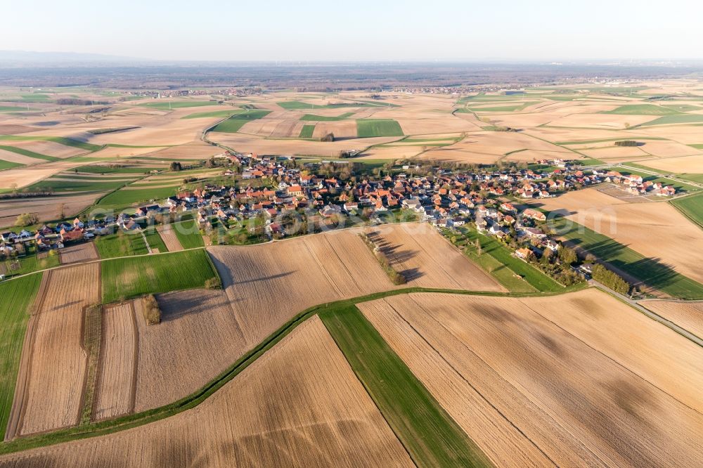 Oberlauterbach from the bird's eye view: Village - view on the edge of agricultural fields and farmland in Oberlauterbach in Grand Est, France