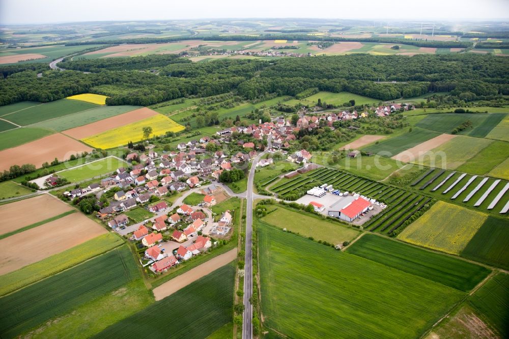 Aerial image Werneck - Village - view on the edge of agricultural fields and farmland in the district Eckartshausen in Werneck in the state Bavaria