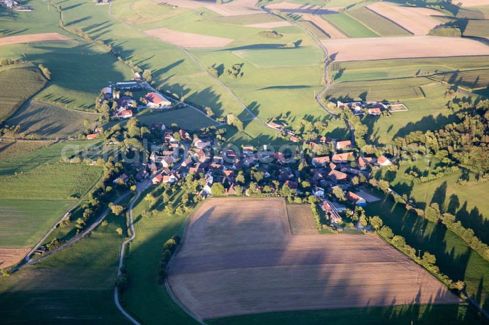 Obersontheim from above - Village - view on the edge of agricultural fields and farmland in the district Engelhofen in Obersontheim in the state Baden-Wuerttemberg