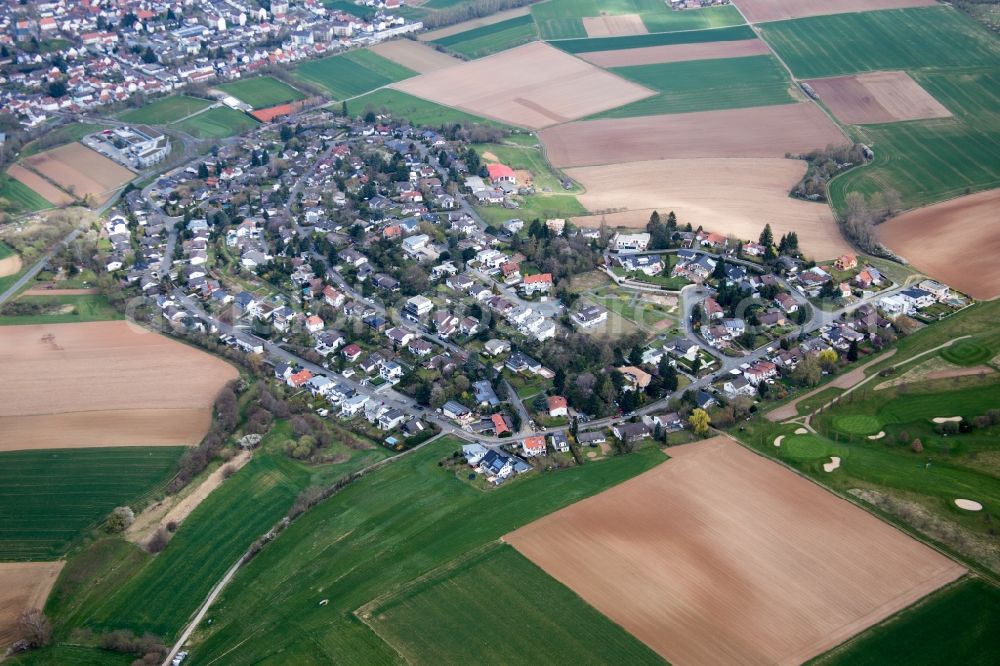 Aerial image Roßdorf - Village - view on the edge of agricultural fields and farmland in the district Gundernhausen in Rossdorf in the state Hesse, Germany