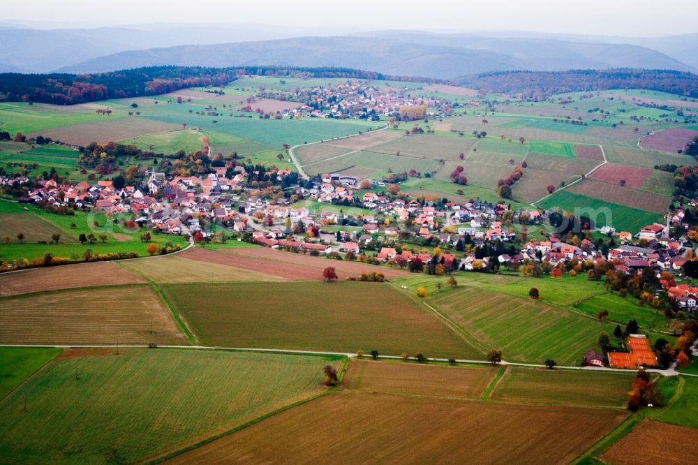 Schönbrunn from the bird's eye view: Village - view on the edge of agricultural fields and farmland in the district Haag in Schoenbrunn in the state Baden-Wuerttemberg, Germany