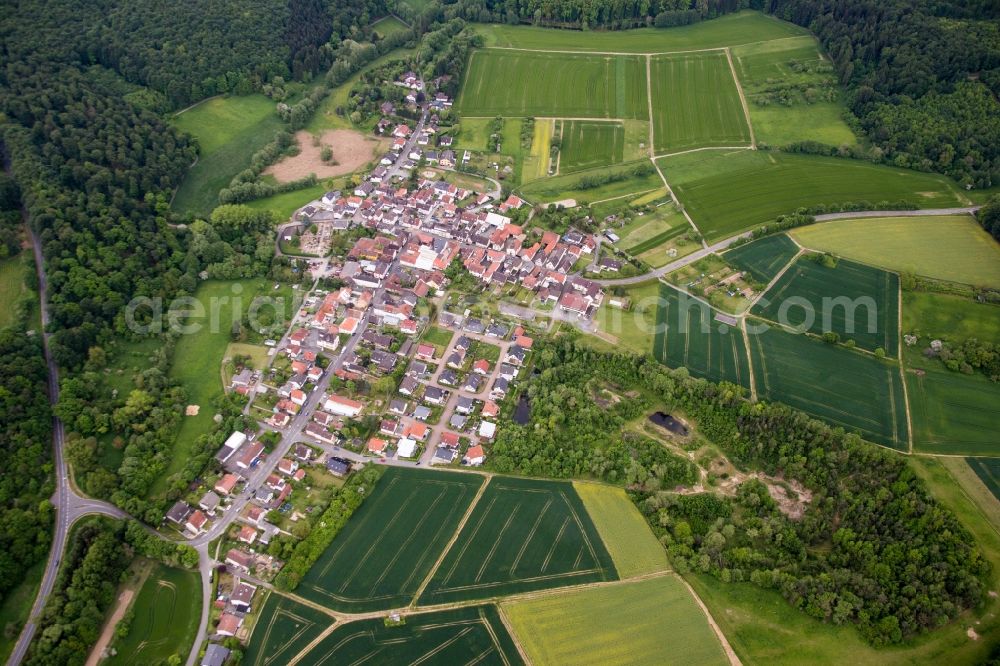 Ober-Ramstadt from the bird's eye view: Village - view on the edge of agricultural fields and farmland in the district Hahn in Ober-Ramstadt in the state Hesse, Germany