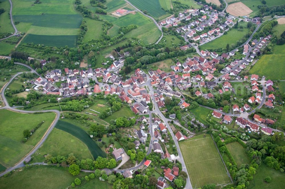 Aerial image Schonungen - Village - view on the edge of agricultural fields and farmland in the district Hausen in Schonungen in the state Bavaria, Germany