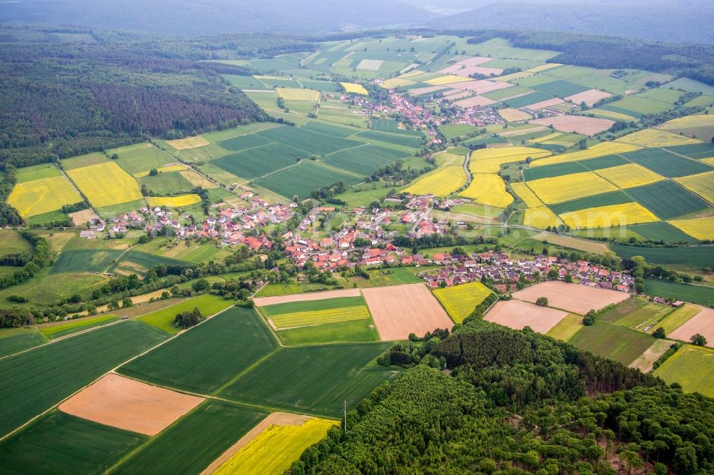 Oberweser from above - Village - view on the edge of agricultural fields and farmland in the district Heisebeck in Oberweser in the state Hesse, Germany