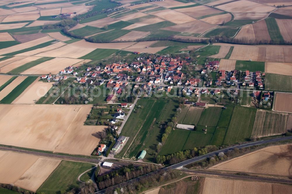 Hoffen from above - Village - view on the edge of agricultural fields and farmland in the district Hermerswiller in Hoffen in Grand Est, France