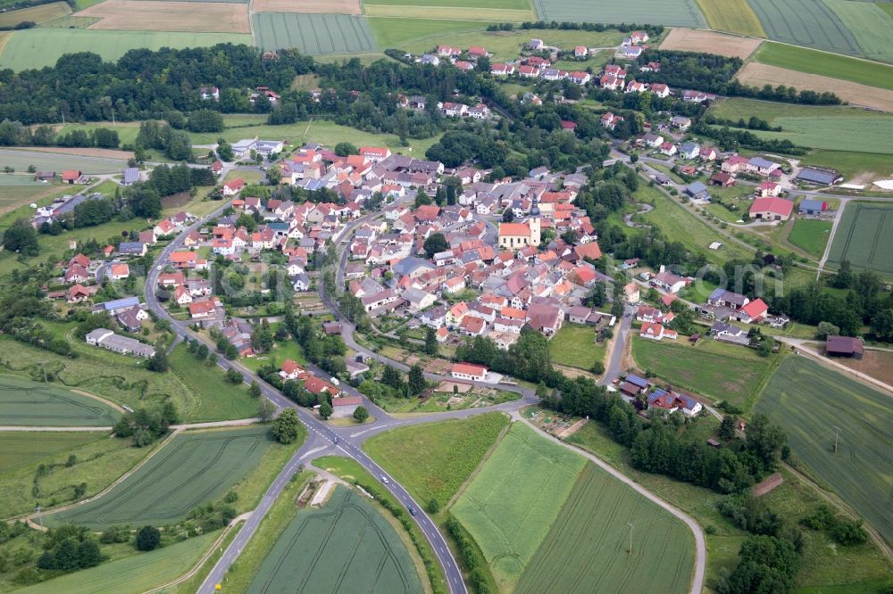 Großeibstadt from above - Village - view on the edge of agricultural fields and farmland in the district Kleineibstadt in Grosseibstadt in the state Bavaria, Germany