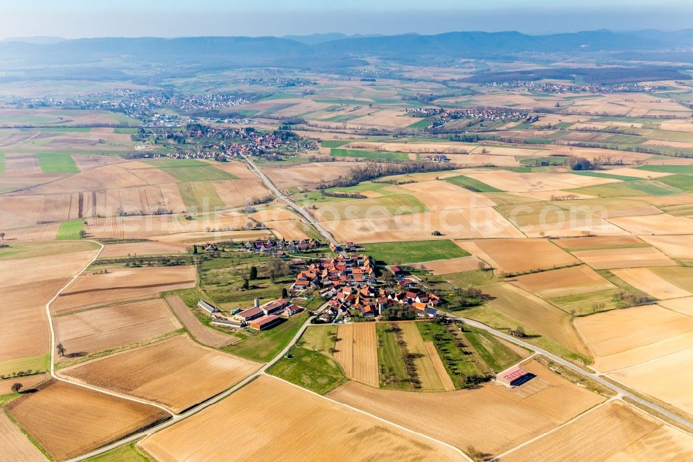 Betschdorf from above - Village - view on the edge of agricultural fields and farmland in the district Kuhlendorf in Betschdorf in Grand Est, France