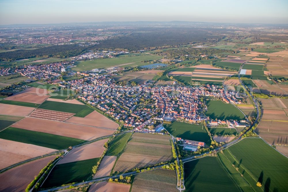 Neustadt an der Weinstraße from the bird's eye view: Village - view on the edge of agricultural fields and farmland in the district Lachen-Speyerdorf in Neustadt an der Weinstrasse in the state Rhineland-Palatinate, Germany