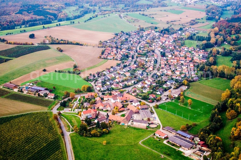 Lobbach from above - Village - view on the edge of agricultural fields and farmland in the district Lobenfeld in Lobbach in the state Baden-Wuerttemberg, Germany