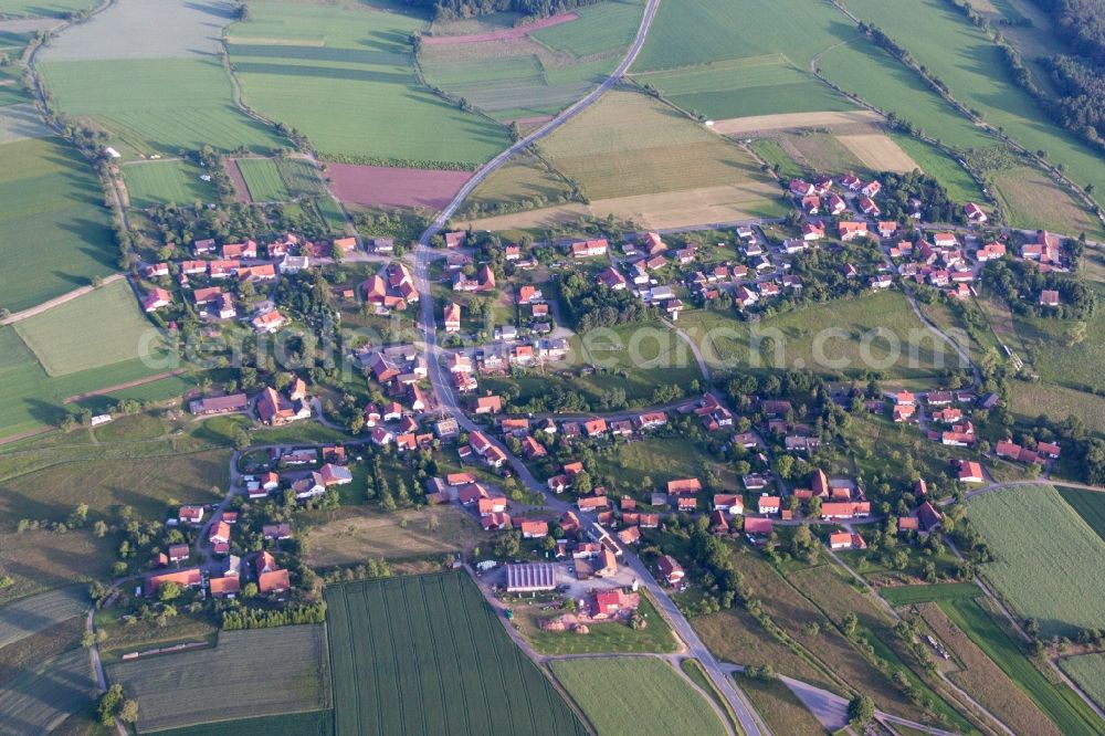 Aerial photograph Waldbrunn - Village - view on the edge of agricultural fields and farmland in the district Muelben in Waldbrunn in the state Baden-Wuerttemberg, Germany