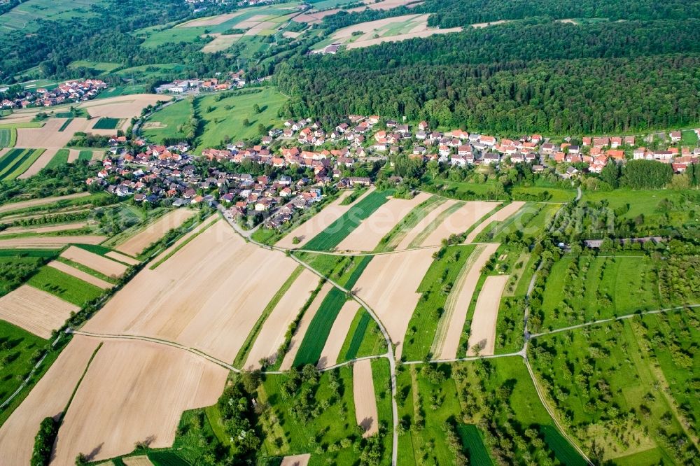 Aerial image Keltern - Village - view on the edge of agricultural fields and farmland in the district Niebelsbach in Keltern in the state Baden-Wuerttemberg, Germany