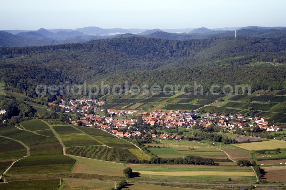 Pleisweiler-Oberhofen from above - Village - view on the edge of agricultural fields and farmland in the district Pleisweiler in Pleisweiler-Oberhofen in the state Rhineland-Palatinate