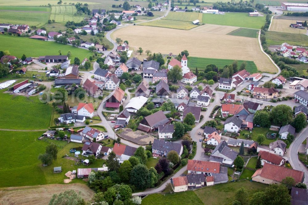 Aerial image Sauldorf - Village - view on the edge of agricultural fields and farmland in the district Rast in Sauldorf in the state Baden-Wuerttemberg, Germany