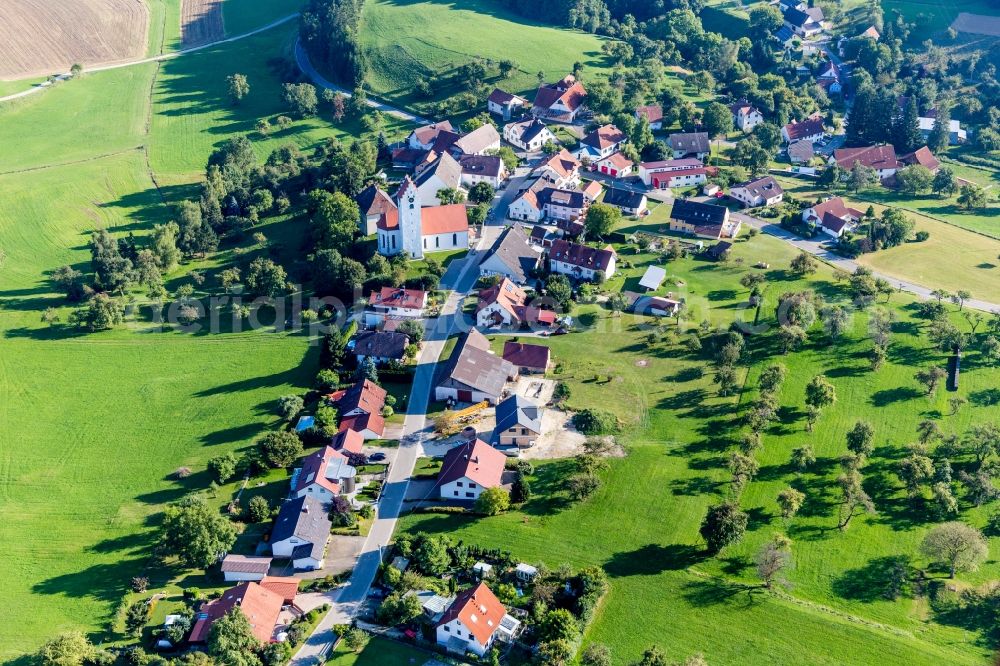 Eigeltingen from above - Village - view on the edge of agricultural fields and farmland in the district Rorgenwies in Eigeltingen in the state Baden-Wurttemberg, Germany