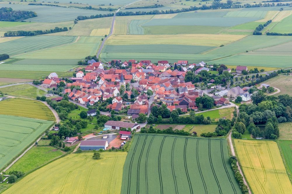 Höchheim from the bird's eye view: Village - view on the edge of agricultural fields and farmland in the district Rothausen in Hoechheim in the state Bavaria, Germany