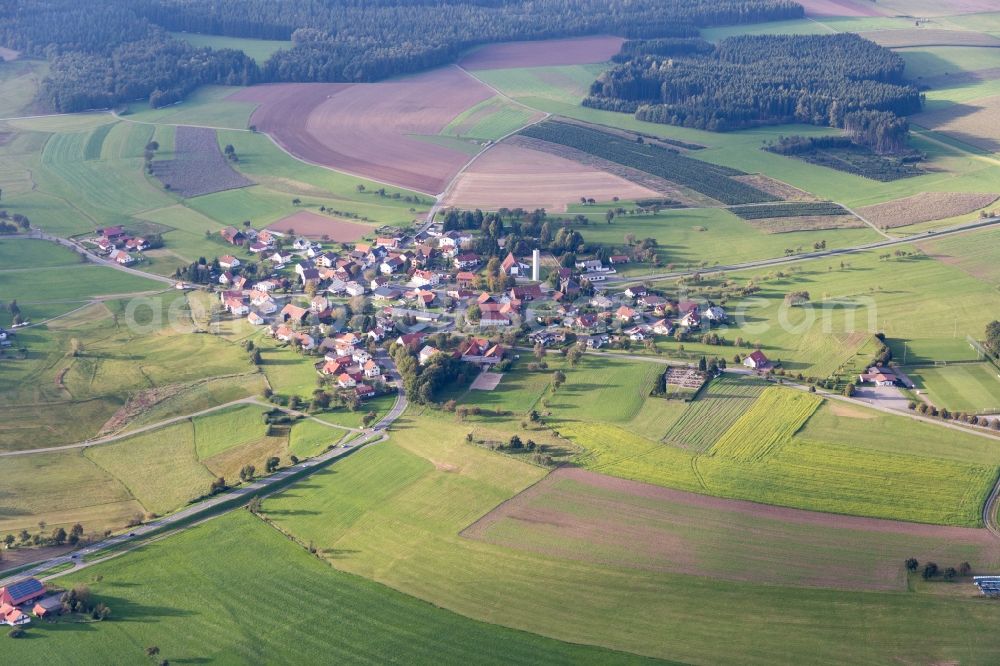 Mudau from above - Village - view on the edge of agricultural fields and farmland in the district Scheidental in Mudau in the state Baden-Wuerttemberg, Germany