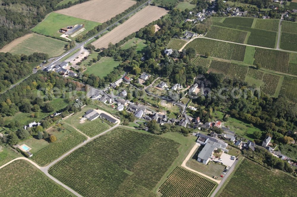 Aerial image Parnay - Village - view on the edge of agricultural fields, vineyards and farmland in Parnay in Pays de la Loire, France