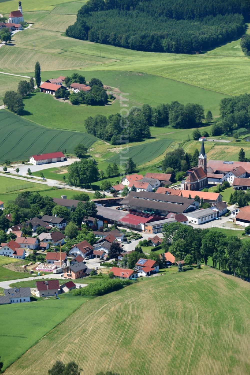 Pauluszell from above - Village - view on the edge of agricultural fields and farmland in Pauluszell in the state Bavaria, Germany