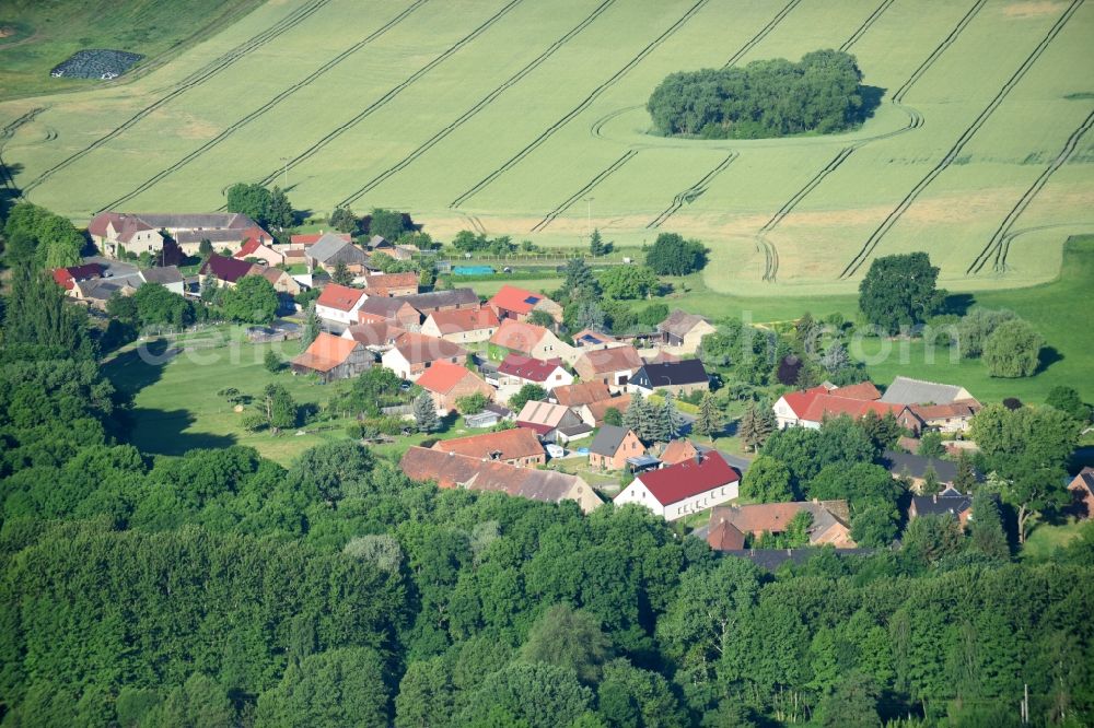 Pitschen-Pickel from the bird's eye view: Village - view on the edge of agricultural fields and farmland in Pitschen-Pickel in the state Brandenburg, Germany