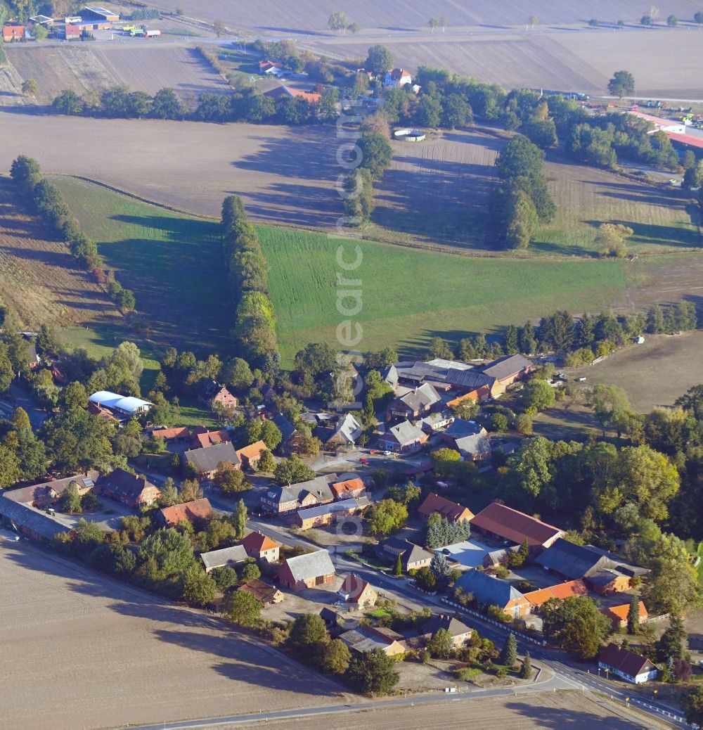 Platenlaase from the bird's eye view: Village - view on the edge of agricultural fields and farmland in Platenlaase in the state Lower Saxony, Germany