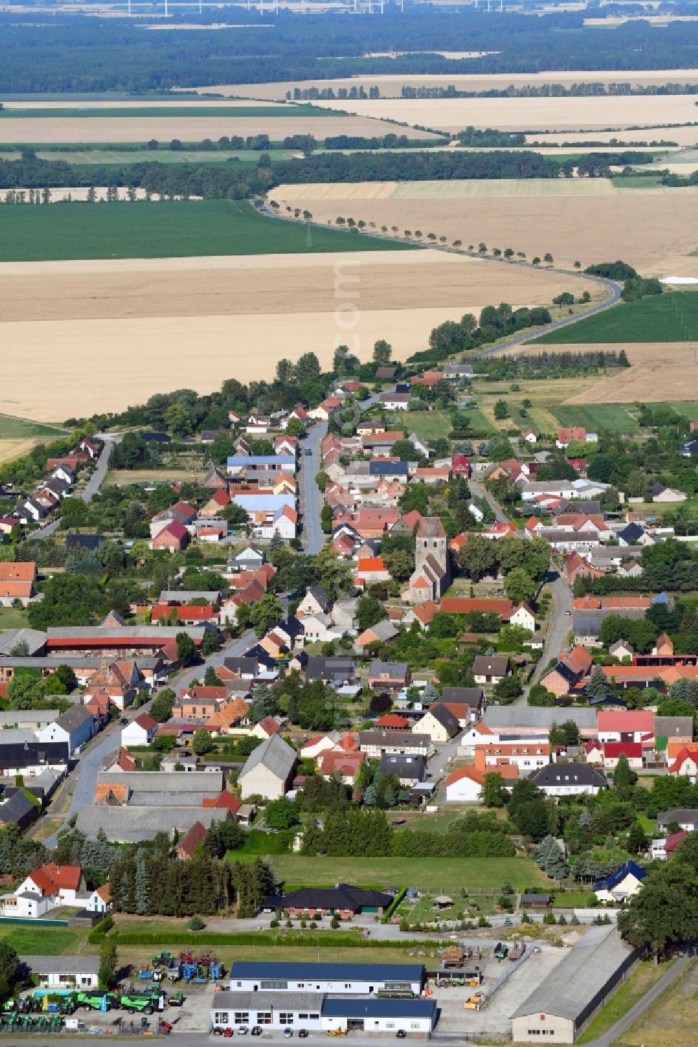 Rochau from the bird's eye view: Village - view on the edge of agricultural fields and farmland in Rochau in the state Saxony-Anhalt, Germany